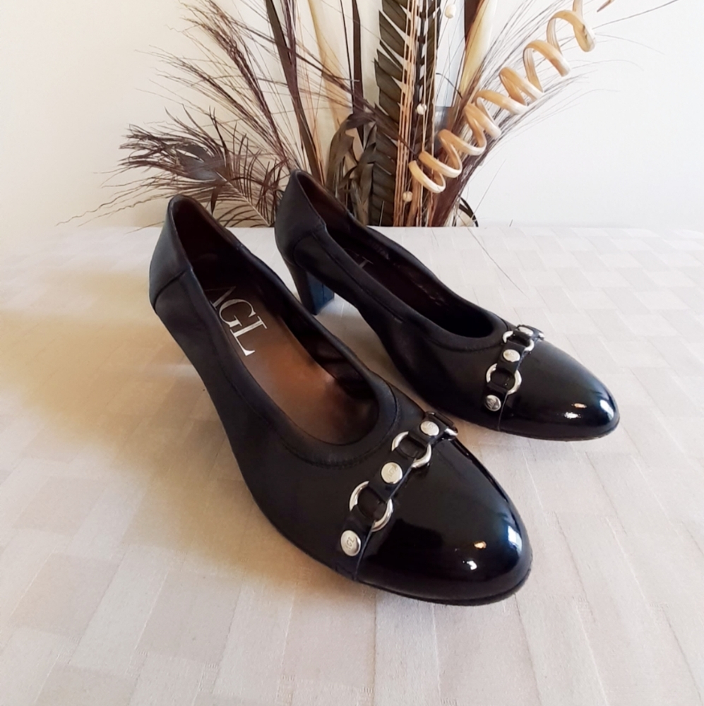 AGL Black Leather Cap Toe Block Heel Pumps - Picture 3 of 11